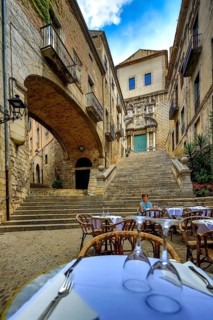 Small restaurant in the alleys of the old town of Girona, Cataluña, Gerona, Catalonia, Spain,
