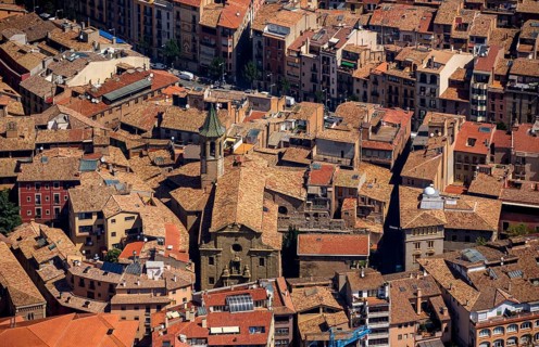 Church at Carrer de Sant Sadurni, old town, Vic, Costa Brava, Catalonia, Spain, Europe, aerial