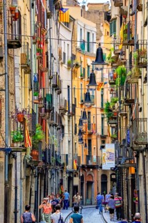 Colourful alley in the old town of Girona with lanterns, Girona, Cataluña, Gerona, Catalonia,