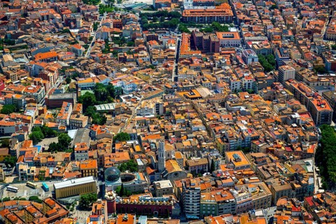 Overview of Figueres with Dali Museum, Costa Brava, Catalonia, Spain, Figueres, Europe, aerial