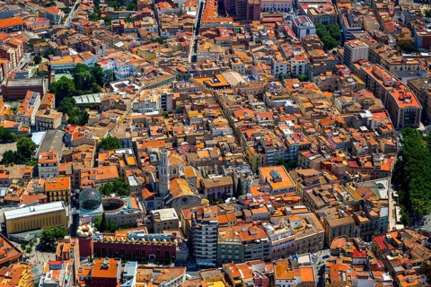 Overview of Figueres with Dali Museum, Costa Brava, Catalonia, Spain, Figueres, Europe, aerial