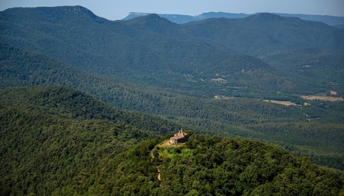 Pujarnol Chapel, Chapel of Sant Natzari, Porqueres, Costa Brava, Catalonia, Spain, Europe, aerial