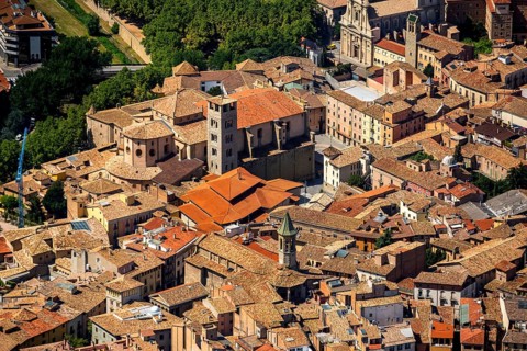 Old Town, Catedral de Sant Pere de Vic, Vic, Costa Brava, Catalonia, Spain, Europe, aerial view,