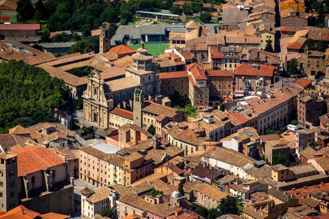 Old town, Sant Antoni de Vic, Vic, Costa Brava, Catalonia, Spain, Europe, aerial view, birds-eyes