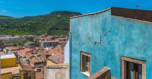 Sardinia, coloured house wall with crumbling plaster, Bosa, Europe, Province of Oristano, Italy,