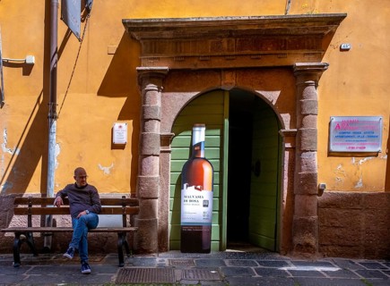 Sardinia, house with picturesque door and wine bottle poster, Bosa, Europe, Province of Oristano,