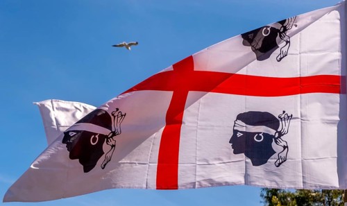 Sardinia, Sardinian flag, white flag with red cross and four Moorish heads, Bosa, Europe, Province