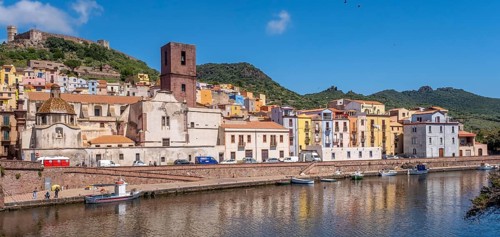 Sardinia, village view, houses at the river Temo and church tower, Bosa, Europe, province Oristano,