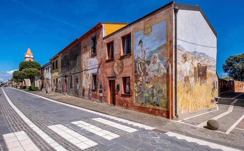 Sardinia, house with murals, Sardinian sight, Tinnura, Europe, Province of Oristano, Italy,