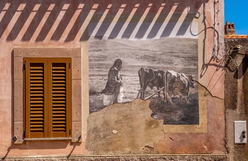 Sardinia, house with mural, Sardinian landmark, Tinnura, Europe, Province of Oristano, Italy,
