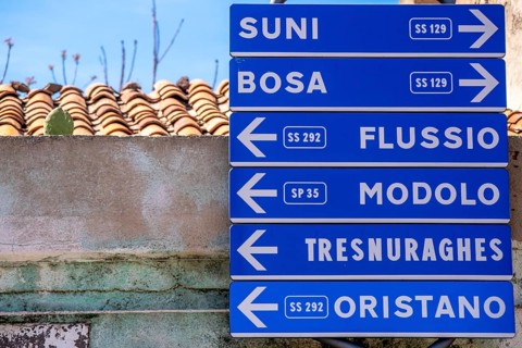 Sardinia, road signposts to places, Tinnura, Europe, Province of Oristano, Italy, architecture,