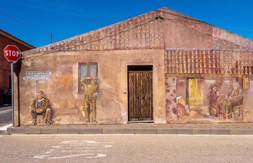Sardinia, house with murals, Sardinian landmark, Tinnura, Europe, Province of Oristano, Italy,