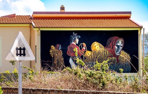 Sardinia, house with murals, Sardinian landmark, Tinnura, Europe, Province of Oristano, Italy,