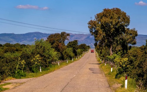 Sardinia, Red truck on straight road to the horizon, mountains mountain range in the background,