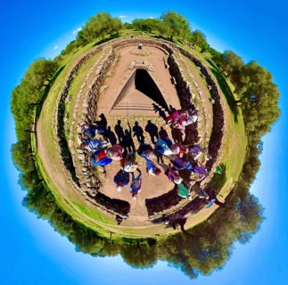 Sardinia, fisheye shot of a tourist group at a Roman bathing complex, Paulilatino, Europe, Oristano