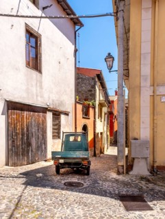 Sardinia, Small van Ape in the alleys of Santu Lussurgiu, Europe, Province of Oristano, Italy, old