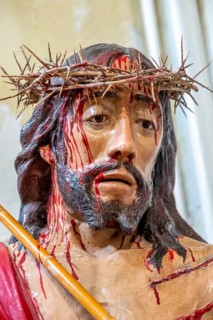Sardinia, maltreated and bleeding face of Jesus with crown of thorns, Bosa, Europe, Province of