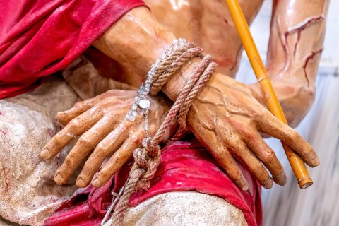 Sardinia, maltreated and bleeding Jesus figure, bound, Bosa, Europe, Province of Oristano, Italy,