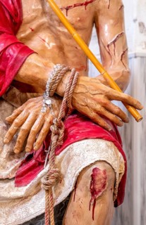 Sardinia, maltreated and bleeding Jesus figure, bound, Bosa, Europe, Province of Oristano, Italy,