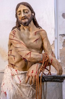 Sardinia, maltreated and bleeding Jesus figure, Bosa, Europe, Province of Oristano, Italy, worship,