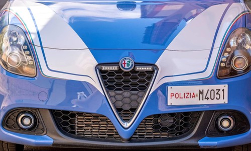 Sardinia, Alfa Romeo police car and police sign Polizia M4031, Bosa, Europe, Province of Oristano,