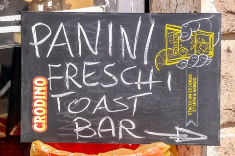 Sardinia, sign with Panini Freschi Toast Bar, Bosa, Europe, Province of Oristano, Italy, outdoor,