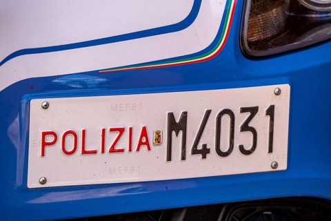 Sardinia, Alfa Romeo police car and police sign Polizia M4031, Bosa, Europe, Province of Oristano,