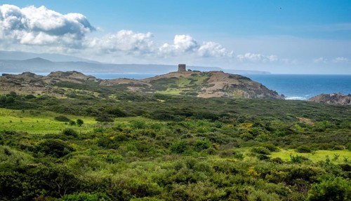 Sardinia, Former fortress tower, hilly coastal landscape by the sea, blue sky with clouds, Bosa,