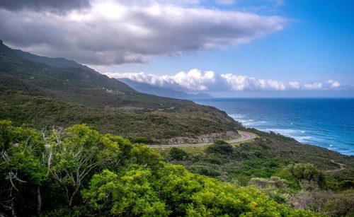 Sardinia, coastal road, mountains, sea, blue sky with clouds, Villanova Monteleone, Europe,