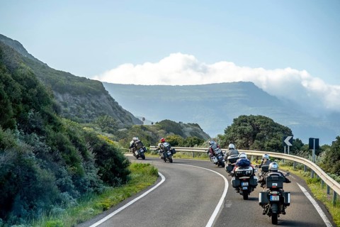 Sardinia, biker motorcyclist on the mountainous coastal road, Villanova Monteleone, Europe,