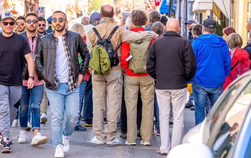 Sardinia, tourists in a pedestrian zone, stroll of tourists on a shopping alleyway, Bosa, Europe,