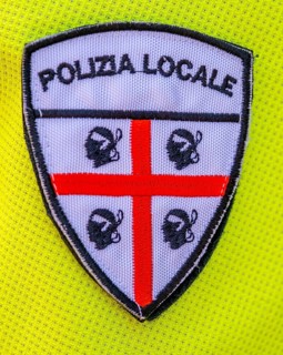 Sardinia, police emblem Sardinian flag, Polizia Locale, Bosa, Europe, province of Oristano, Italy,