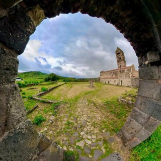 Sardinia, The Abbey Church of Santissima TrinitÃƒÂ di Saccargia, Romanesque church, fisheye shot,