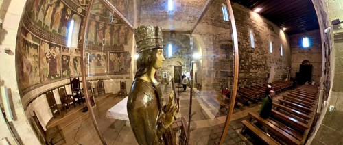 Sardinia, Madonna figure with crown, Santissima TrinitÃƒÂ di Saccargia, Romanesque church, fisheye