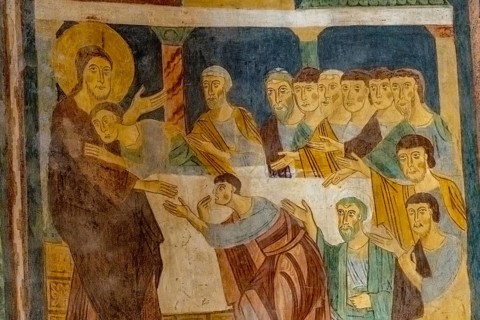 Sardinia, Santissima TrinitÃƒÂ di Saccargia, Romanesque church, fresco wall painting with Christian