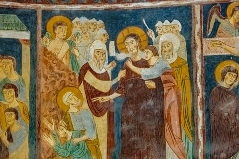 Sardinia, Santissima TrinitÃƒÂ di Saccargia, Romanesque church, fresco wall painting with Christian