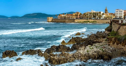 Sardinia, coastal wall, coast and beach, city wall, Torre San Giacomo, Alghero, Europe, Province of