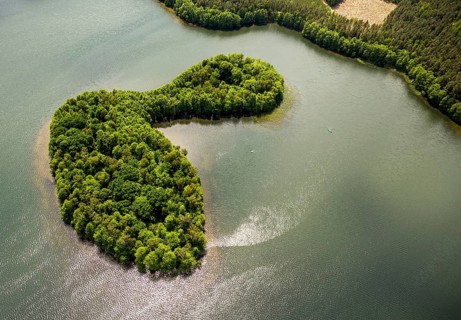 Lakeland, Pomerania, reflection, forested island, Åupawsko, Baltic Sea coast, pomorskie, Poland,
