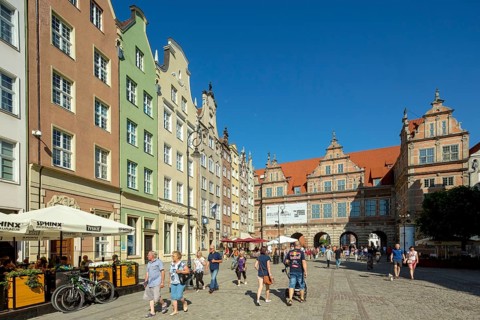 Roof gable at the Green Tor, Brama Zielona, city gate, GdaÅsk, Gdansk, Baltic Sea coast, Baltic