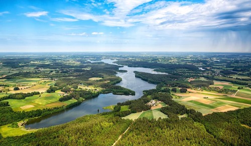 Lakeland, Pomerania, reflection, wooded island, Åakowo, Baltic Sea coast, pomorskie, Poland,