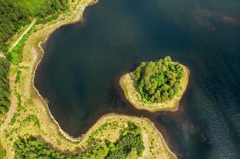 Lakeland, Pomerania, reflection, wooded island, ChoÅ'nica, Baltic Sea coast, pomorskie, Poland,