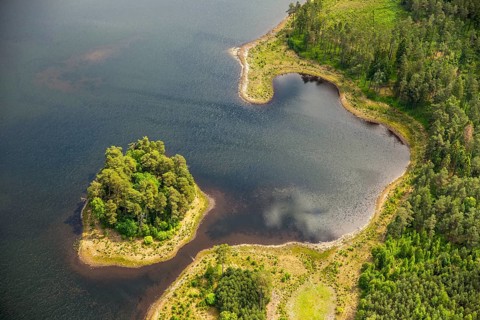 Lakeland, Pomerania, reflection, wooded island, ChoÅ'nica, Baltic Sea coast, pomorskie, Poland,