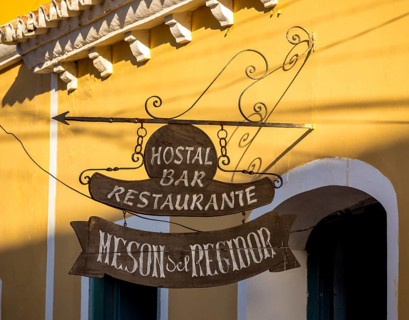 Hotel sign Hostal Bar Restaurante Meson del Regidor, Trinidad, Cuba, Sancti Spíritus, Sancti