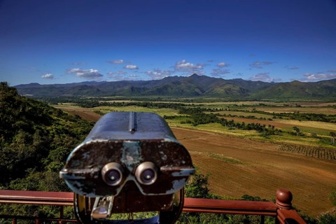 Mirador, Viewpoint over the Ingenios Valley, Valle de los Ingenios with binoculars, Cuba, Sancti