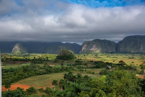Tobacco fields and the mountains of the Mogotes, Viñales valley with karst mountains, Viñales,