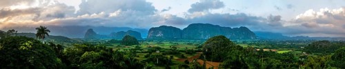 Vinales valley with karst mountains, view from Hotel Los Jazmines into the valley, panoramic view,