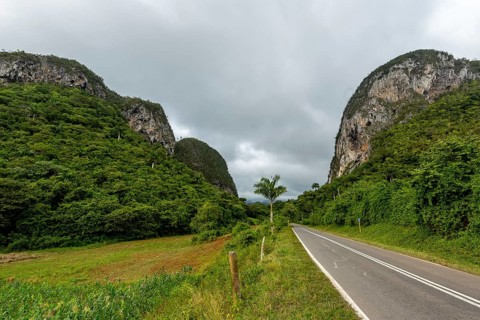 Country road with central reservation in the Vinales Valley, Viñales, Cuba, Pinar del Río, Cuba