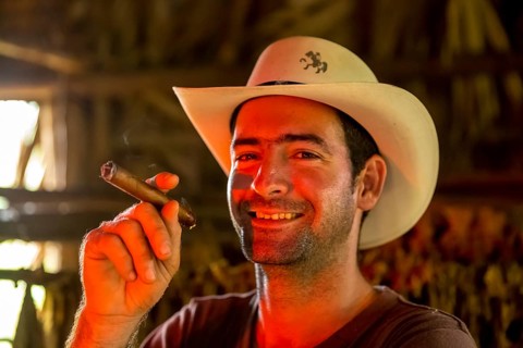 Tobacco farmer, tobacco farmer Luis Manne Alvares Rodrigues smokes a Havana cigar, tobacco farm in