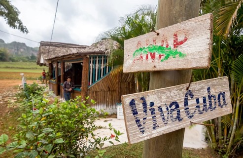 Wooden sign with the inscription Viva Cuba on a telegraph pole, Viñales, Cuba, Pinar del Río, Cuba,
