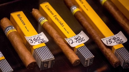 Cohiba cigars in retail sale with individual wrappers, Cuban cigars in the salesroom of a cigar